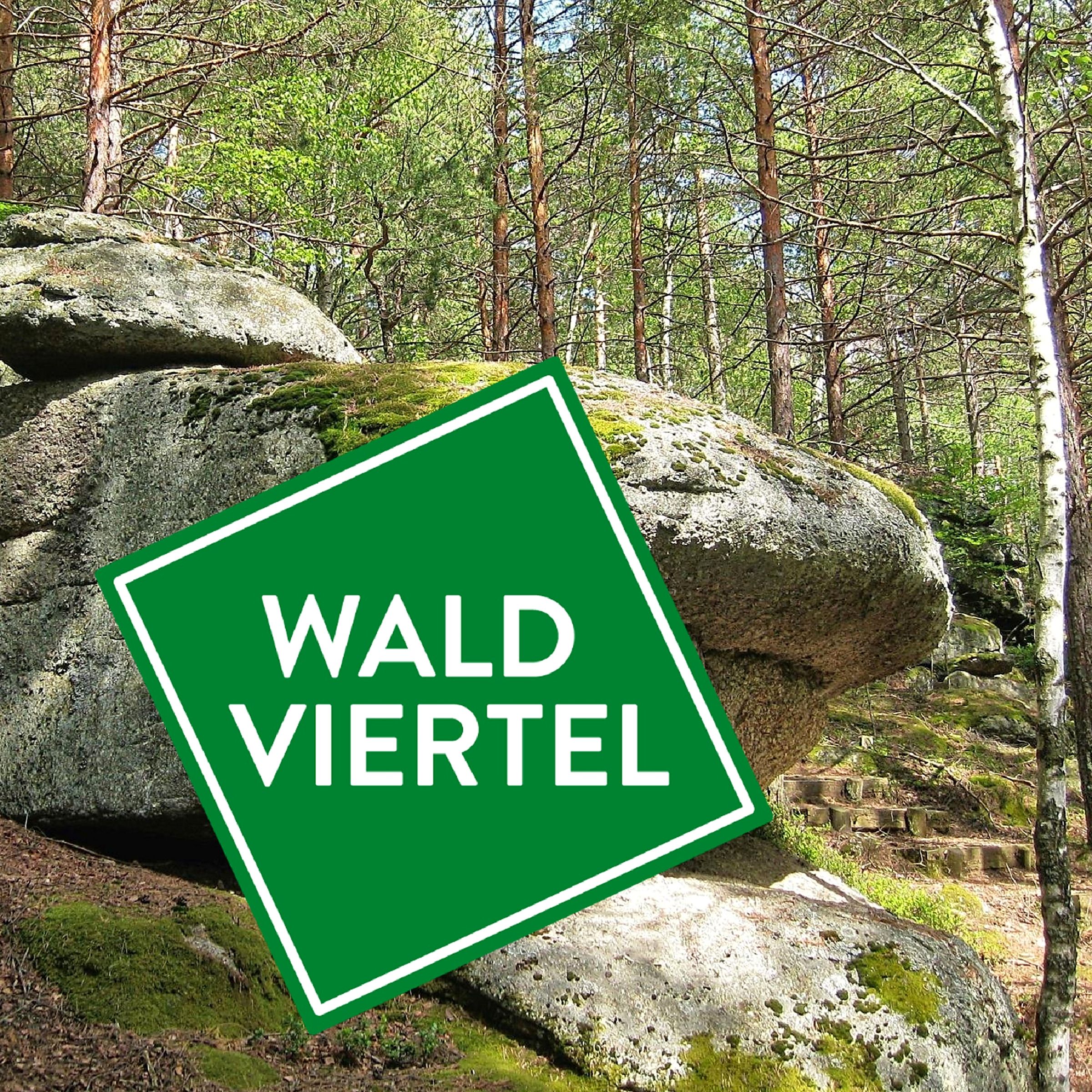 Grünes Waldviertel-Logo vor moosbewachsenen Granitblöcken und Föhrenwald