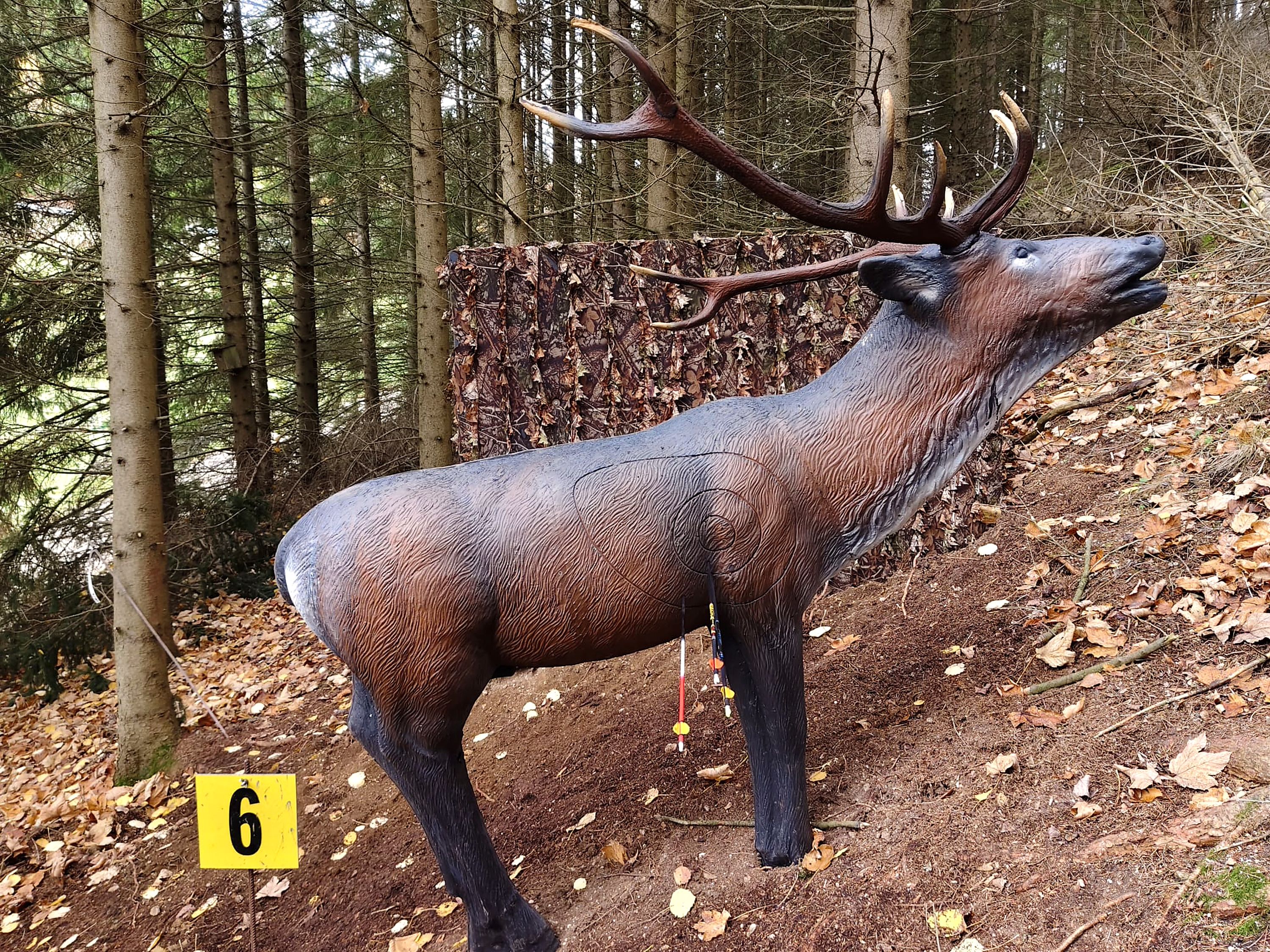 3D-Hirschziel mit großem Geweih des Bogenparcours in einer Waldlandschaft