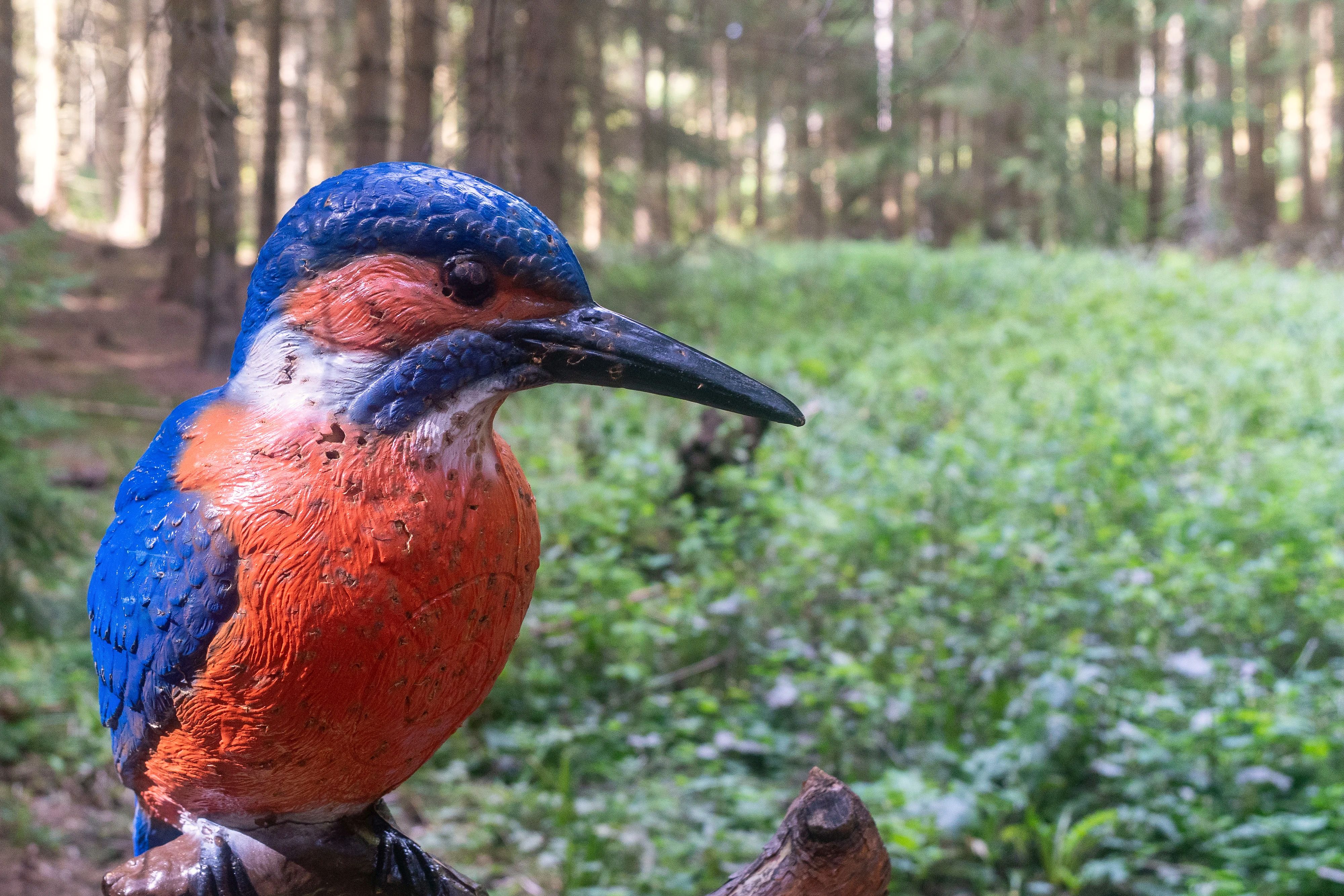 Naturgetreues 3D-Eisvogelziel mit blauem Gefieder, orangefarbener Brust und langem Schnabel vor einer grünen Waldlandschaft