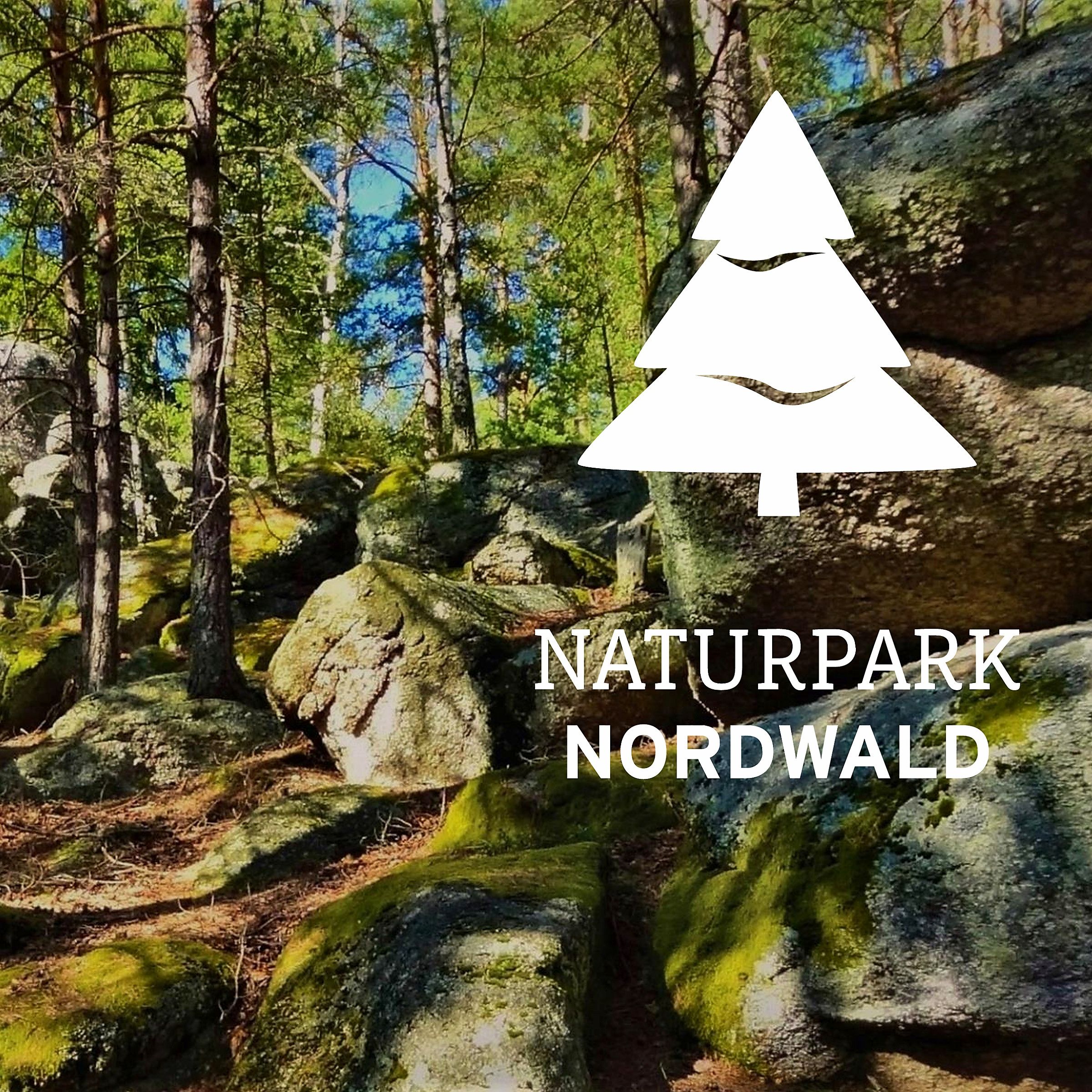 Weißes Logo des Naturparks Nordwald vor einem Föhrenwald mit moosbewachsenen Granitblöcken