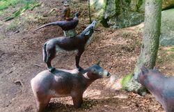 Übereinander angeordnete 3D-Tierziele mit zwei Bären, einem Wolf, einem Fasan und einer Eule im Wald